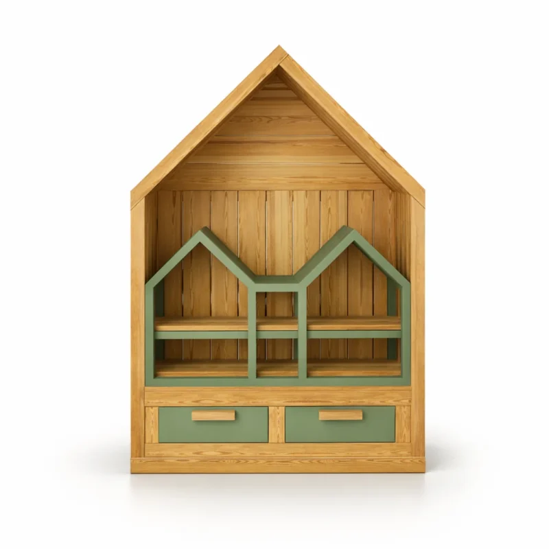 DREWNIANY MINI DOMEK TEMATYCZNY „Dom dla lalek” – drewniany moduł 120x180x35 cm